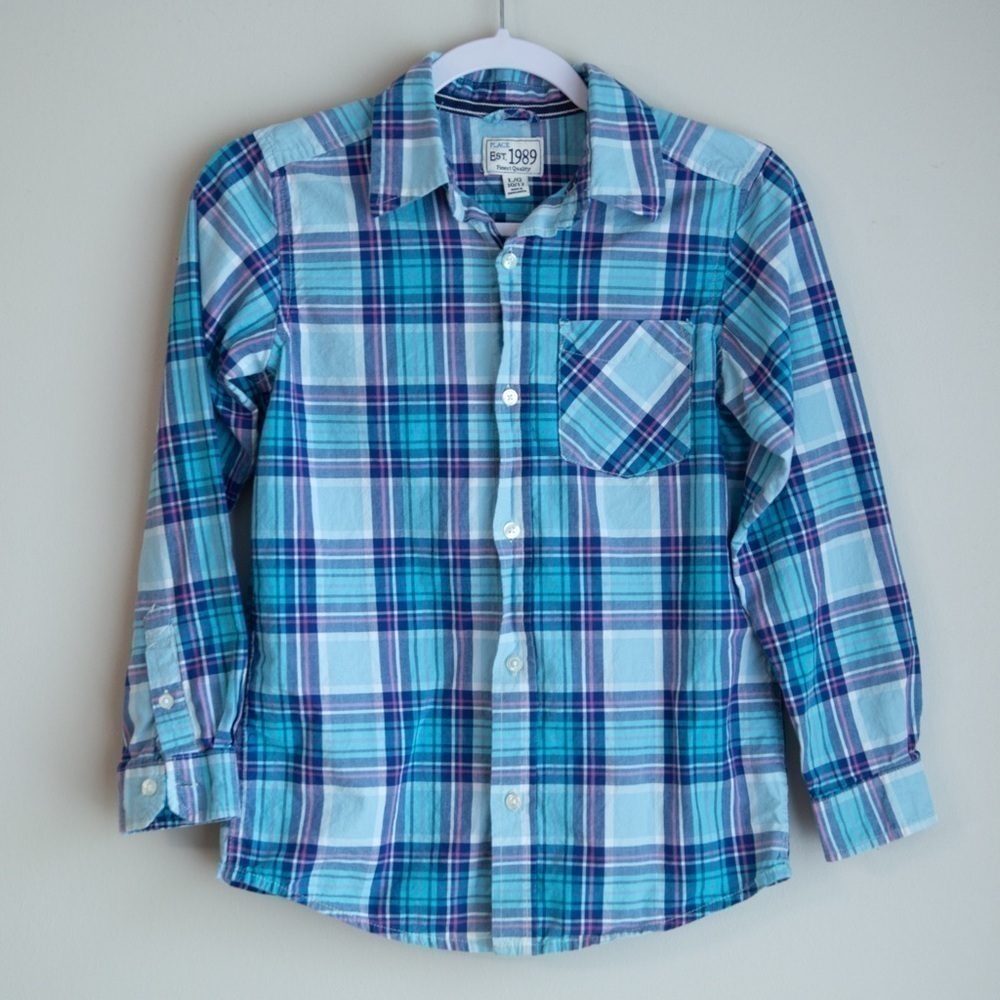 Children's Place Plaid Button Down Long Sleeve Shirt boy's size large (10-12)
